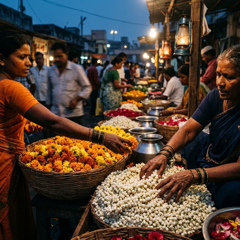 Morning flower market rush